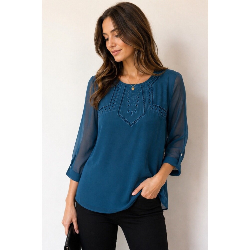 Eyes Are Blue Women’s Teal Embroidered Sheer Blouse 3/4 Sleeve Boho Top Size M